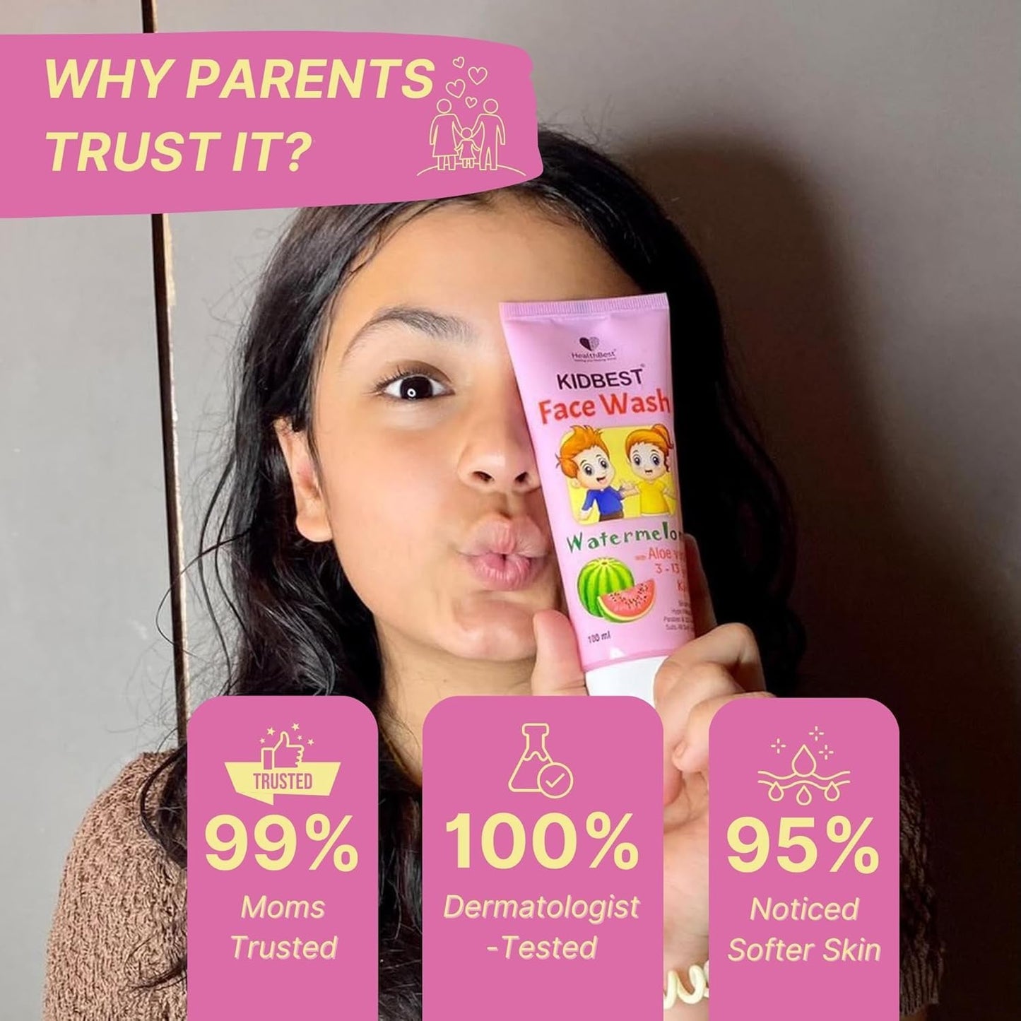 HealthBest Kids Tear-Free Daily Face Wash – Multivitamin-Enriched Skincare with Organic Watermelon – Safe, Gentle, and Fun for Sensitive Skin | Skincare for Kids| Trusted by Parents | 100ml,Pack of 1