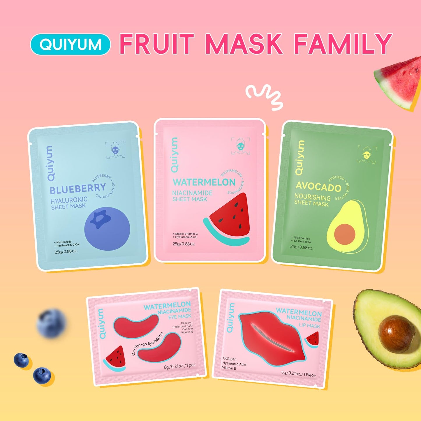 QUIYUM 32pc Fruit Mask Set, 3-in-1 Face Eye Lip Care Kits for Women & Teens