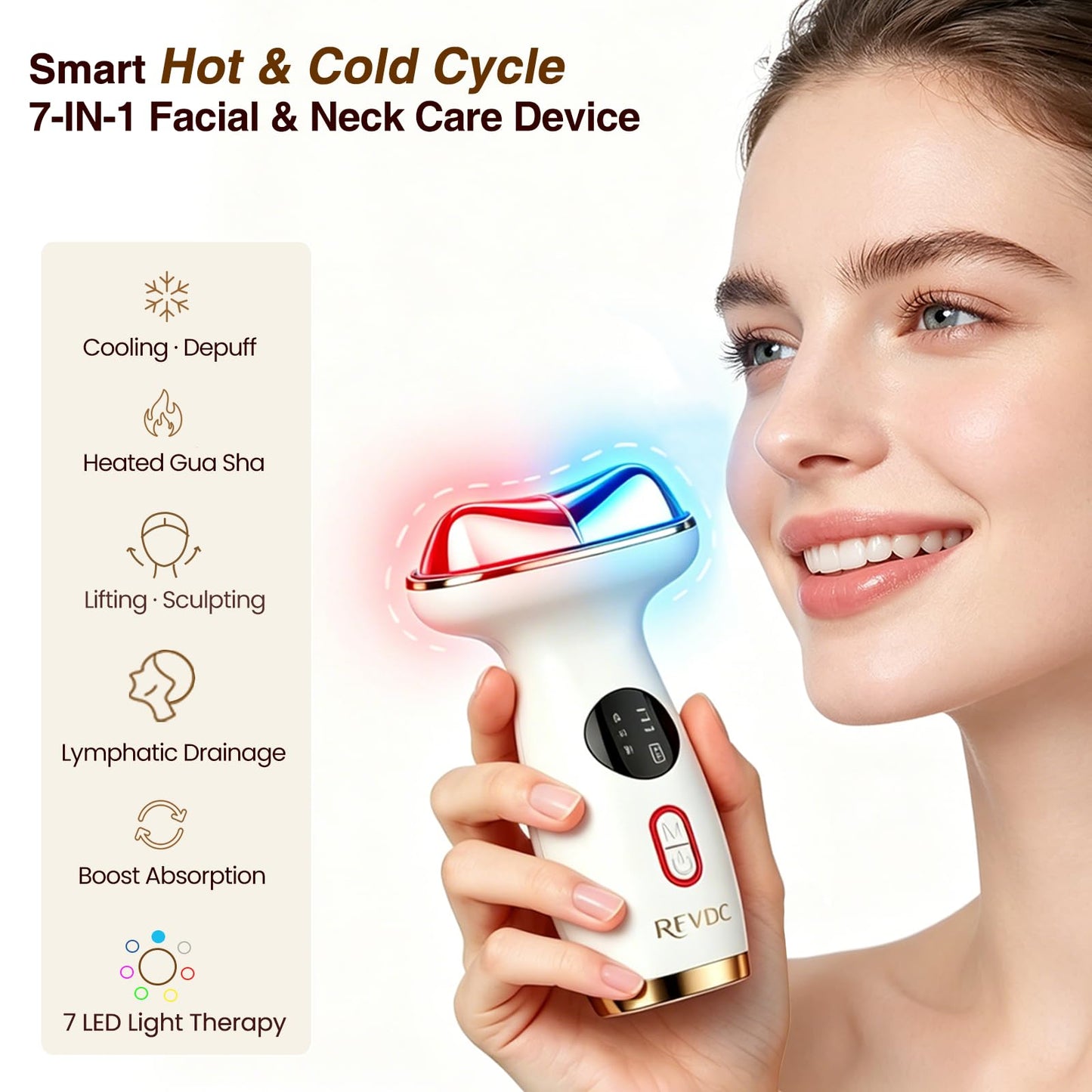 RFVDC Cold Heated Electric Gua Sha, Facial Neck Lymphatic Drainage Sculpting Tool, Cooling Depuffing Wand for Puffy Face Eyes, 7-in-1 LED Red Light Face Massager for Lifting, Contouring, Firming