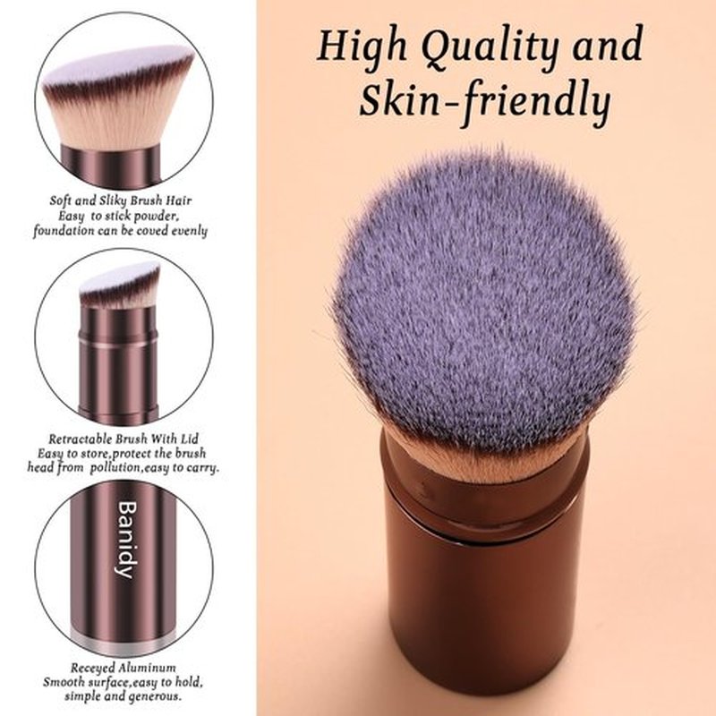 Makeup Brush Kabuki Face Brushes Retractable Travel Blush Kabuki Brush Portable Flawless for Foundation, Powder Blush, Bronzer, Buffing, Liquid, Cream, Cruelty Free with Cover(Brown)