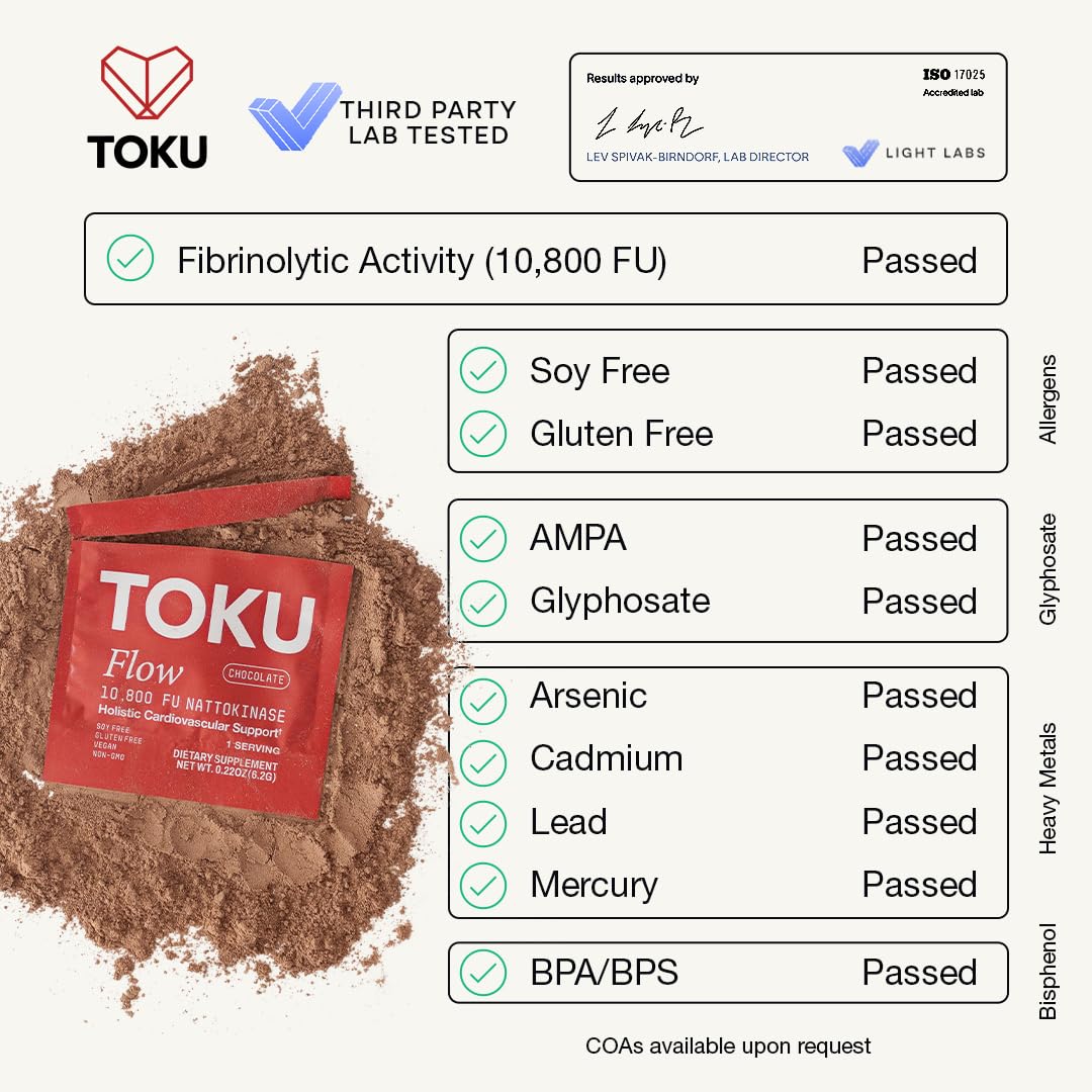 Toku Nattokinase 10,800 FU Supplement with Vitamin K2 MK7 & Oat Beta Glucan, Daily Circulation Support Powder, Plant-Based Drink Mix, Soy-Free, 30 Single-Serve Packets - Unflavored
