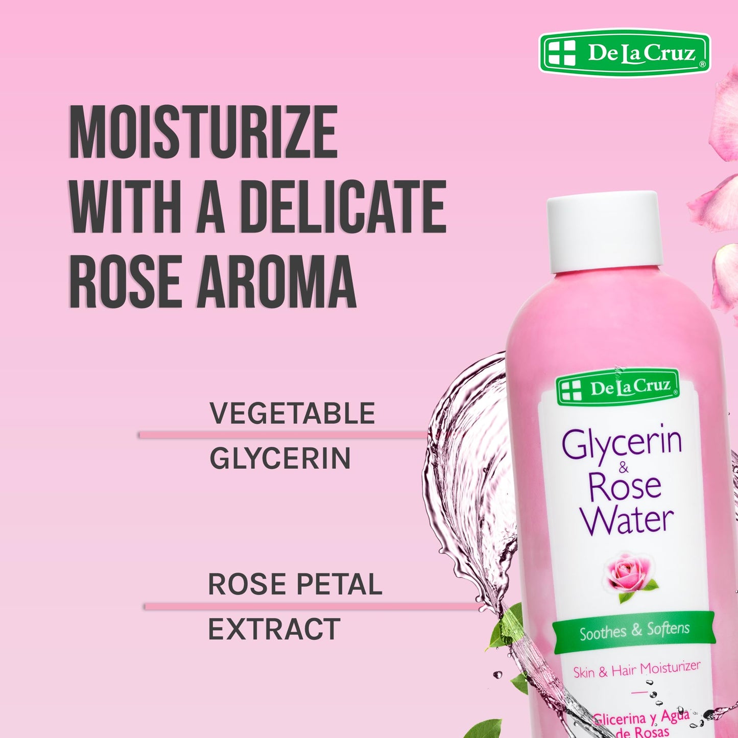 De La Cruz Rose Water and Glycerin for Face - Rosewater Facial Toner and Moisturizer for Skin and Hair 8 fl oz (236 mL) - 3 Bottles