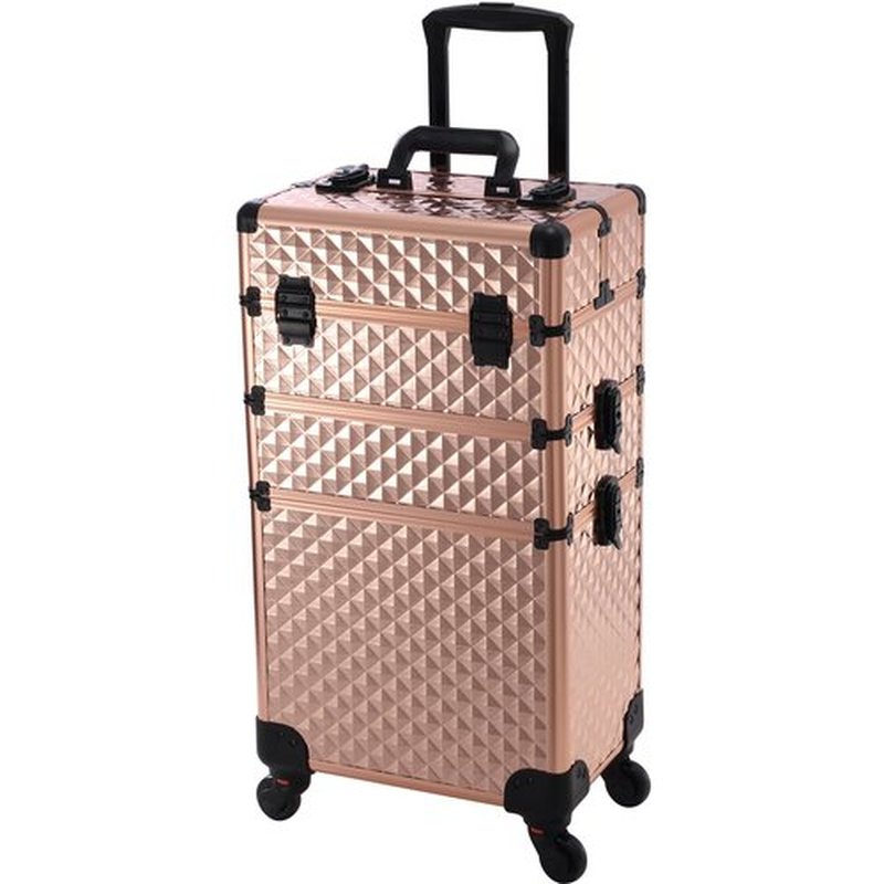 Frenessa Rolling Makeup Train Case 3 in 1 Professional Cosmetic Trolley Large Storage with keys Swivel Wheels Salon Barber Case Traveling Cart Trunk for Make Up Nail Tech - Vintage Rose Gold
