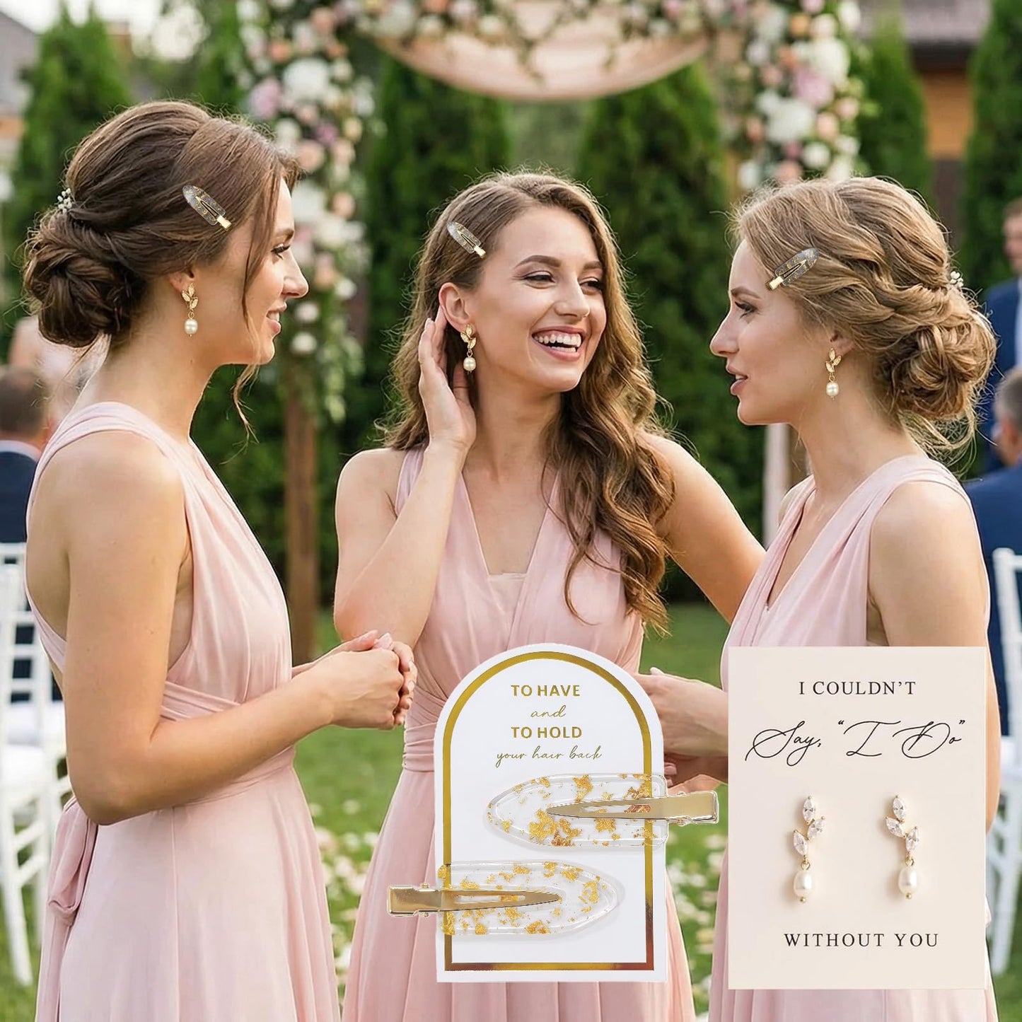 Bridesmaid Proposal Gifts Set of 4/6/8 Pairs Bridesmaid Earrings and Hair Clips I Couldn't Say I Do Without You Earring Cards Bridal Party Gifts for Bridesmaids Wedding Day