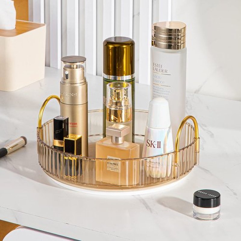 shuang qing Lazy Susan Rotating Makeup Organizer for Vanity, High-Capacity Skincare Clear Make Up Storage Perfume Organizers Cosmetic Dresser Organizer Countertop 360 Spinning（1 Tier-Gold）