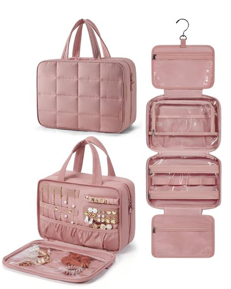 BAGSMART Travel Toiletry Bag with Jewelry Organizer, Hanging Travel Bag for Toiletries, Puffy Makeup Cosmetic Bag Organizer, Carry-on Travel Accessories Essentials, Dark Pink-M