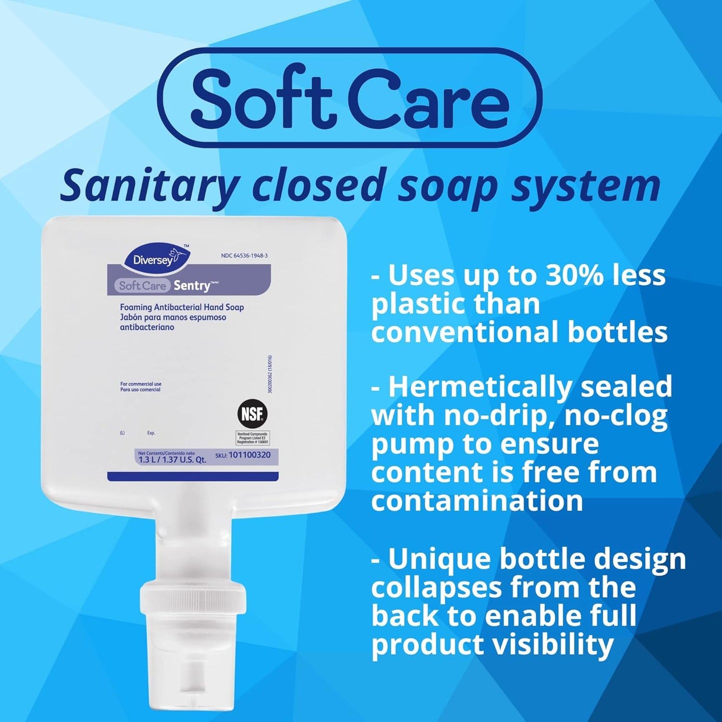 Diversey Soft Care Sentry Foaming Antibacterial Hand Soap, Fragrance-Free, 1.3 L Cartridge Refill, 6/carton