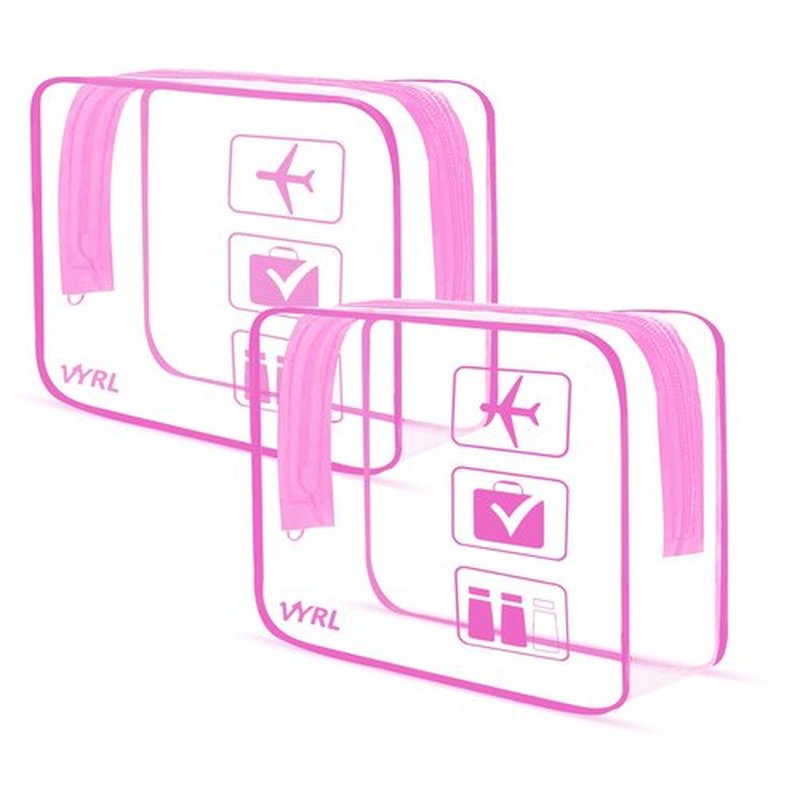 VYRL 2 Pack Clear Makeup Bag - Quart Size 3-1-1 TSA Approved Toiletry Bag with Zipper - Water-Resistant Durable PVC Clear Toiletry Bag for Carry-on Airport Travel Accessories - Rose Pink
