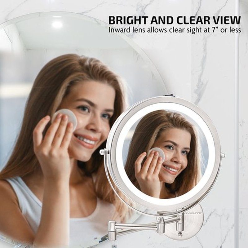OVENTE 9" Lighted Wall Mount Makeup Mirror with 1X/7X Magnification, Cordless Double Sided Magnifying Round Vanity Mirror, 360° Swivel Design, Extendable and Folding Arm, Nickel Brushed MFW85BR1X7X