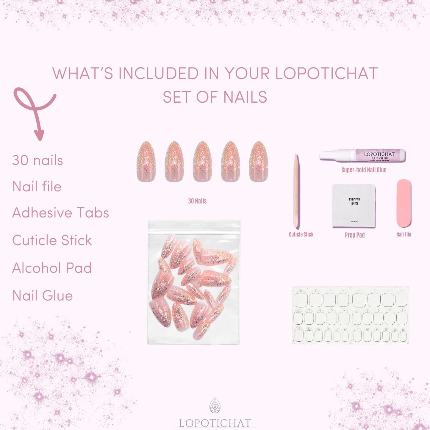 Lopotichat Ultra-Resistant Gel Press-On Nails Set - 30 Nails in 15 Sizes for Perfect & Natural Fit - Reusable Manicure for DIY Salon-Quality Nails at Home (Glitterati)
