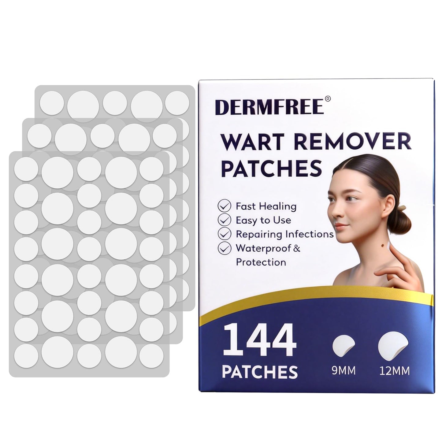 DERMFREE Wart Treatment Patches with 1% Salicylic Acid, Thin Waterproof Hydrocolloid Stickers for Hands & Feet, Discreet Protective Covers, 144 Count