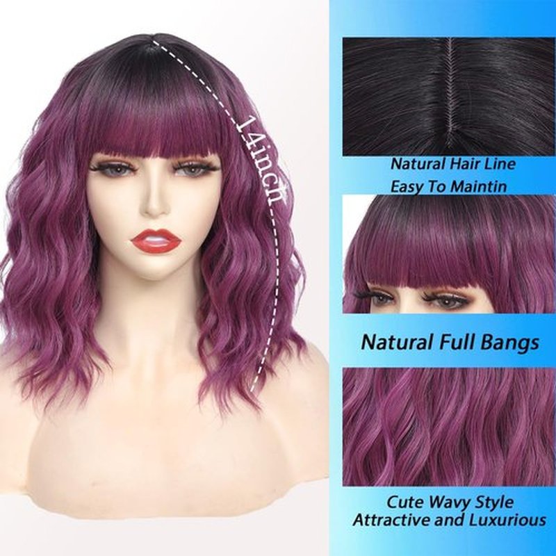 Short Wavy Purple Wig with Bangs 14inch Ombre Purple Wigs for Women Short Curly Bob Wigs Synthetic Natural Looking Hair Replacement Wigs Costume Cosplay Halloween Wig(14'' Purple)