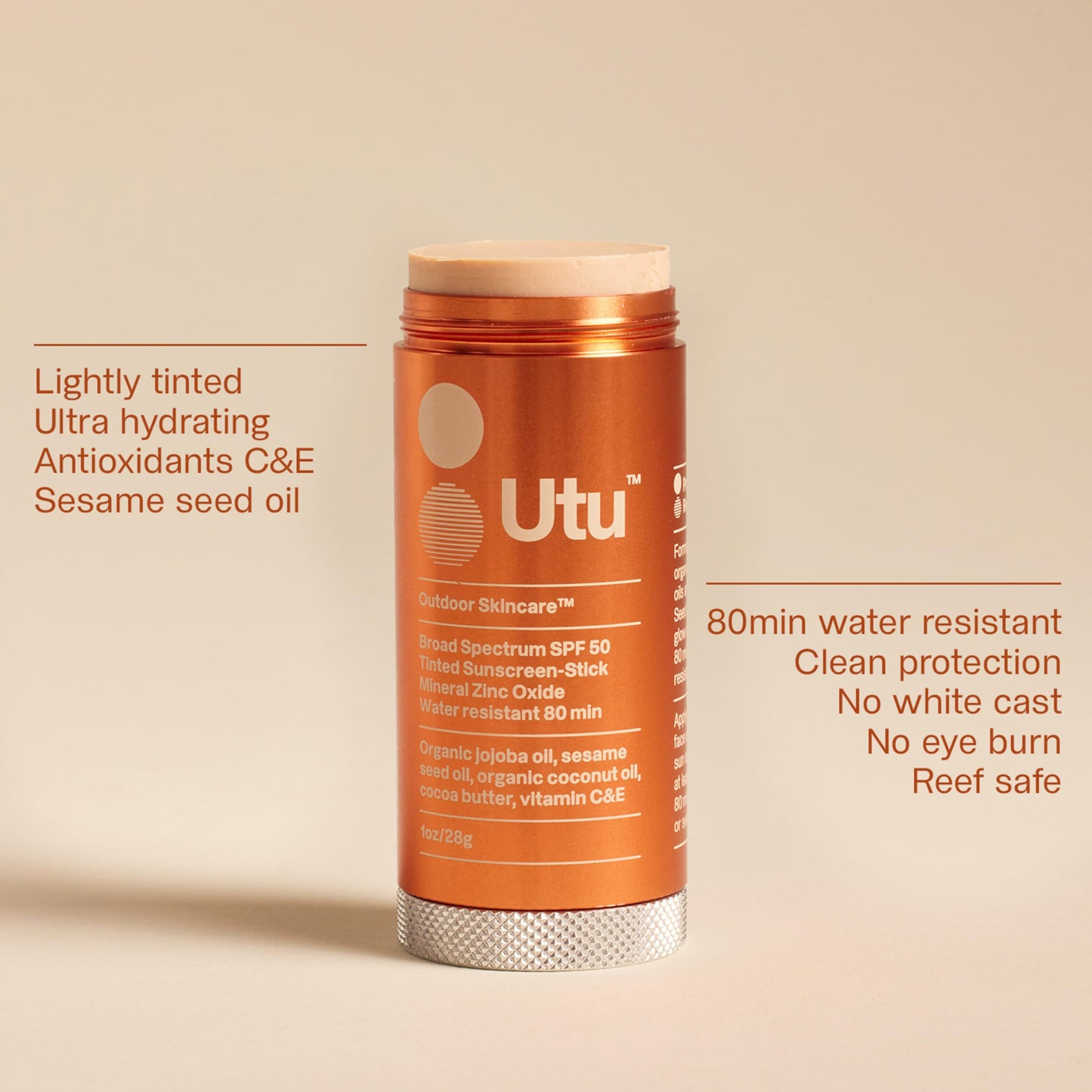 UTU - SPF50 Lightly Tinted Mineral Sunscreen Stick | Vitamin C+E, Jojoba + Sesame Oil | Reef Safe, Cruelty Free, Broad Spectrum (28 g | 1 oz)