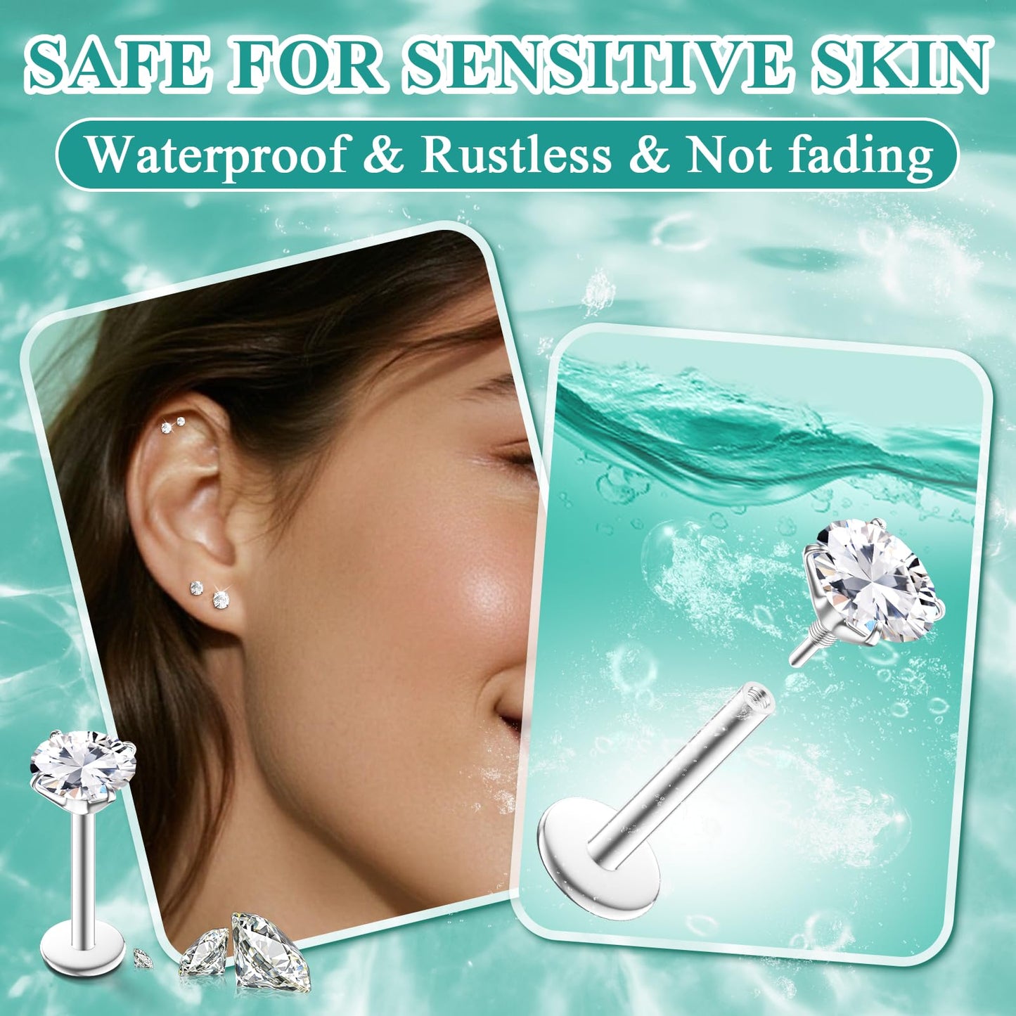 16G Flat Back Stud Earrings for Women Men Set - Hypoallergenic Surgical Steel Internal Thread Tragus Helix Cartilage Conch Nose Piercing Jewelry - Be Equipped With Piercing Ball Grabber Tool (Silver)