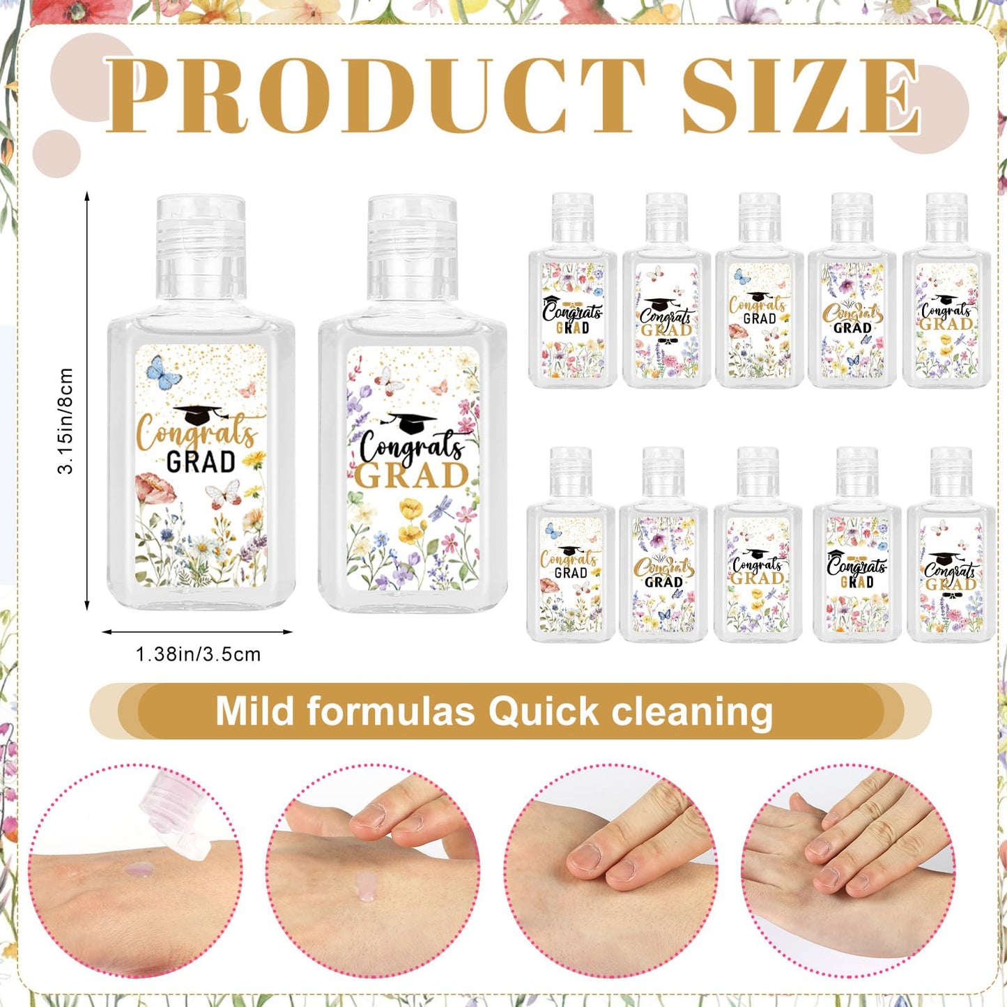 50 Pack Wildflower Graduation Mini Hand Sanitizer Bulk Graduation Gift for Teacher Classmates 1fl oz Travel Size Hand Sanitizer Graduation Hand Soap Gifts for Guest Graduation Party Favors Supplies