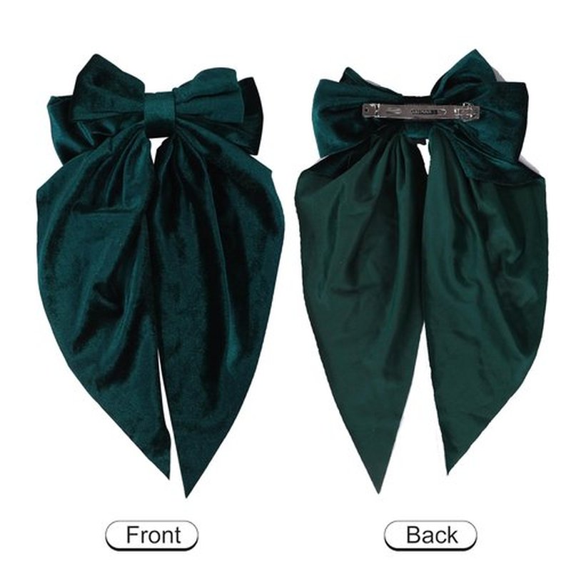 Oversized Velvet Hair Bows for Women Girls,Long Tail Handmade Bowknot Barrettes Velvet Bows Hair Accessories (Green & Black)