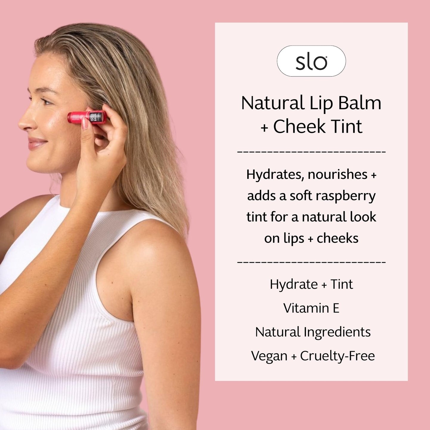 Slo Hydrating Lip Balm - Multi-Use, All Natural Lip Balm and Cheek Tint with Organic Jojoba, Rosehip, Cocoa Butter - Vegan, Cruelty-Free, Paper Packaging - Raspberry + Rosehip (0.28oz/8g)