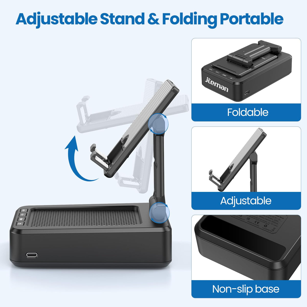 JTEMAN Cell Phone Stand with Bluetooth Speaker, HD Stereo Sound & Anti-Slip Base, Foldable Adjustable Desktop Phone Holder for Home Office, Cool Tech Gadgets Birthday Gifts for Men Women (Black)