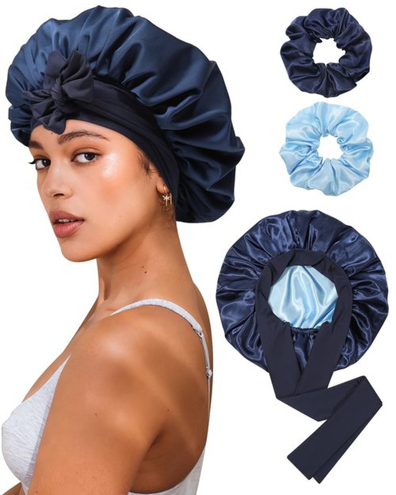 Reversible Satin Bonnet for Sleeping Women Silk Bonnet Double Layer Hair Bonnet with 2PCS Hair Scrunchies Elastic Tie Band Night Cap Hair Wrap for Natural Curly Hair (Navy Blue + Light Blue)