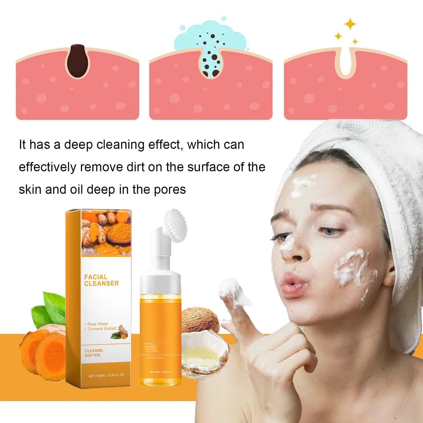 EAEVDJ 2 Pcs Turmeric Face Wash, Deep Cleansing Exfoliating Glow Wash Turmeric Facial Cleanser With Brush.