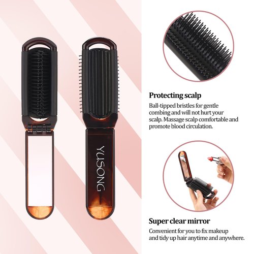 Yusong Mini Travel Hair Brush Set - Folding Hairbrush with Compact Mirror for Women, Pocket-Size Comb for Purse, Gym, Trip, and Swimming Pack of 4