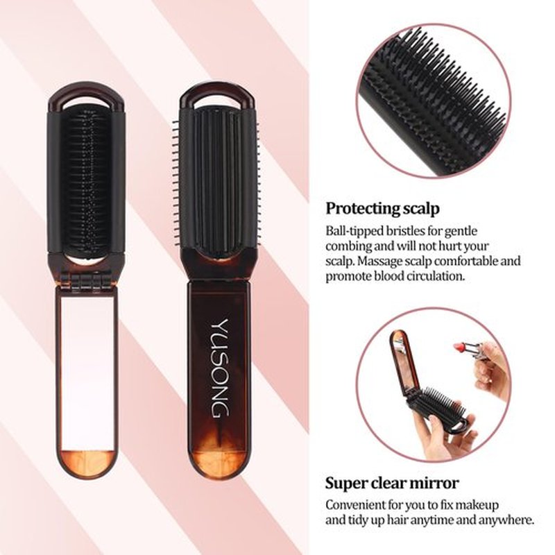 Yusong Mini Travel Hair Brush Set - Folding Hairbrush with Compact Mirror for Women, Pocket-Size Comb for Purse, Gym, Trip, and Swimming Pack of 8
