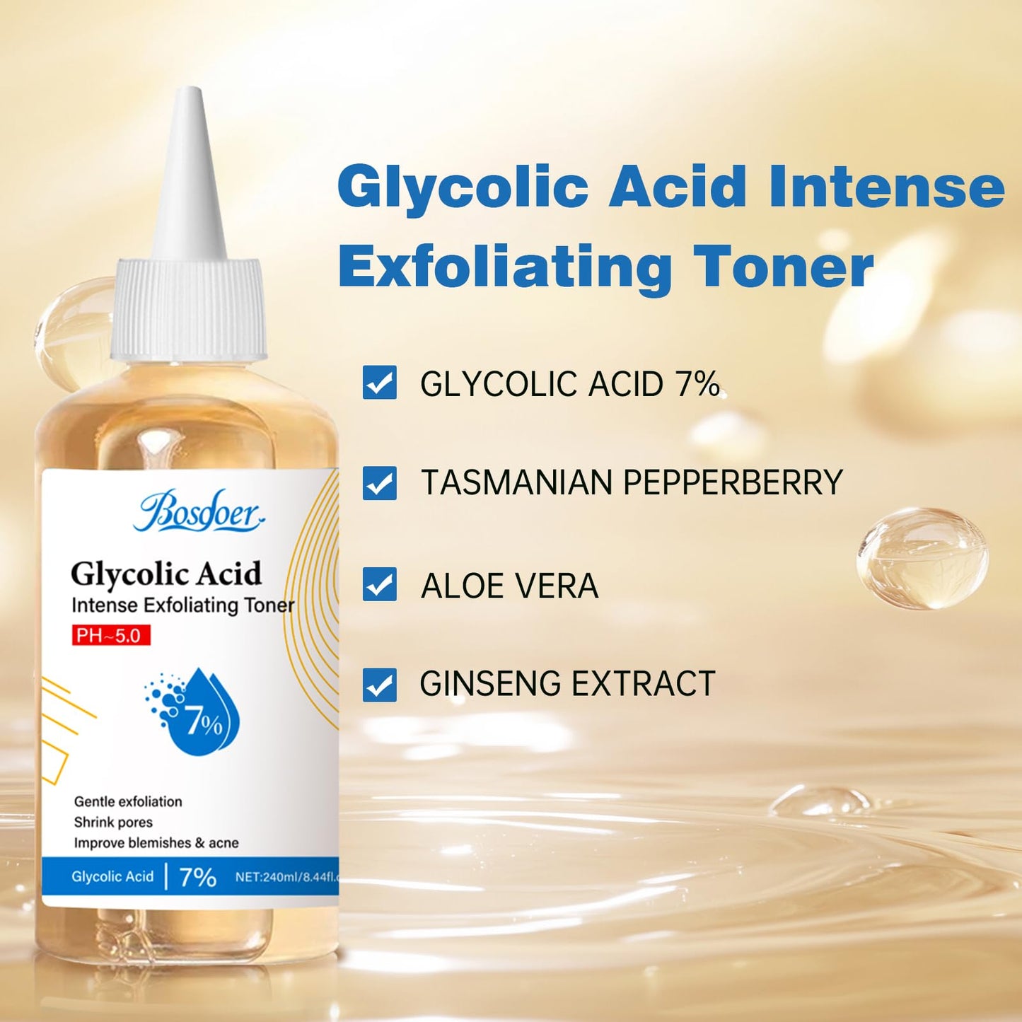 7% Glycolic Exfoliating Acid Toner, Even Skin Tone, Smooth Skin, Unclogs Pores, Gentle Effective Toner with Hydrating Properties for Daily Use