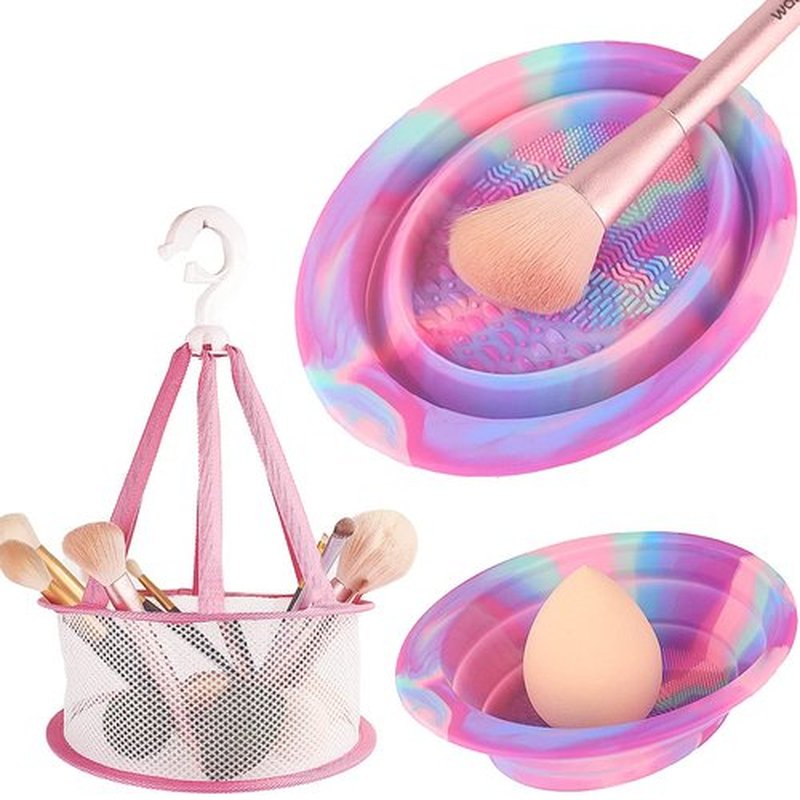 Makeup Brush Cleaning Mat & Hanging Drying Net, Foldable Silicone Makeup Brush Cleaner Brush Cleaning Pad cleaning bowl with Mesh Drying Rack Basket to dry Makeup Sponge, powder puff, brush (Colorful)