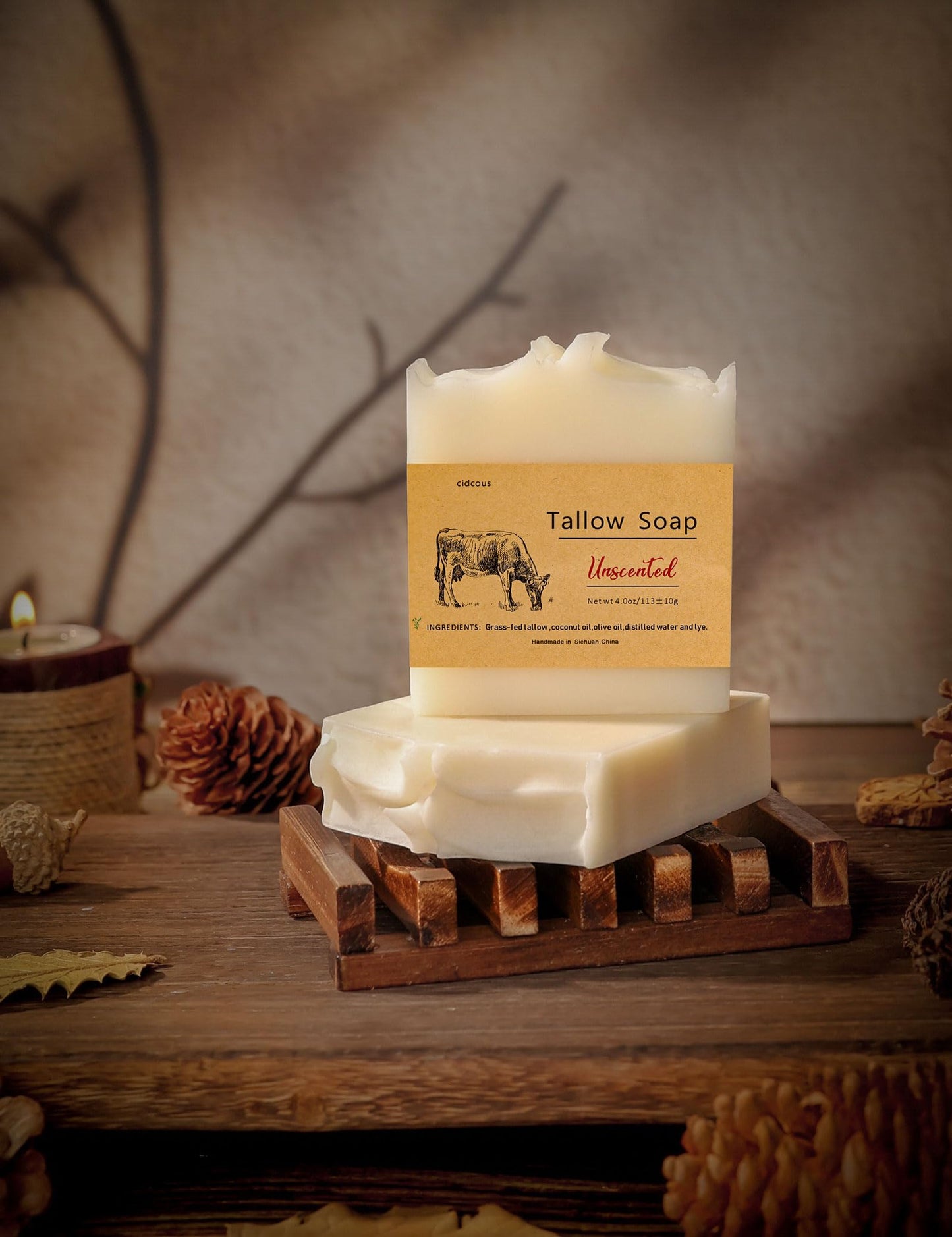 cidcous Grass-fed Beef Tallow Handmade Soap, Butter-based skincare, Natural cleansing bar for face and body, gently cleanses sensitive skin.