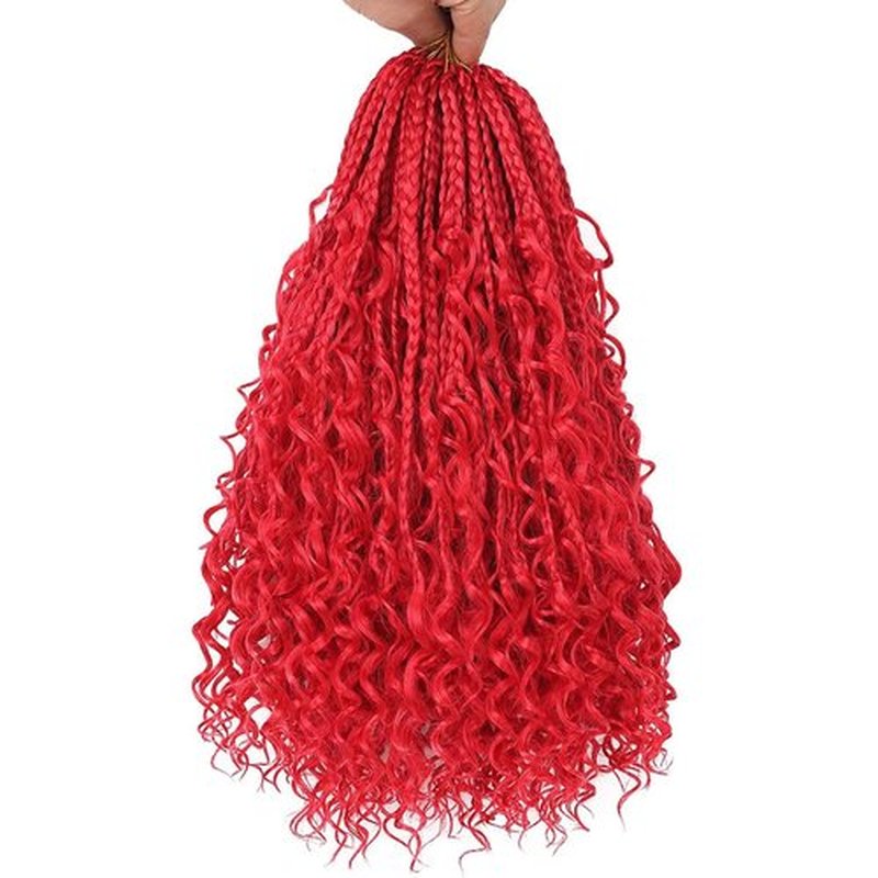 COOKOO 14 Inch Goddess Box Braids Crochet Hair With Curly Ends 8 Pack 3X Synthetic Bohomian Hippie Box Braids Crochet Hair Pre Looped Braiding Hair Extension for Black Women （Red#)