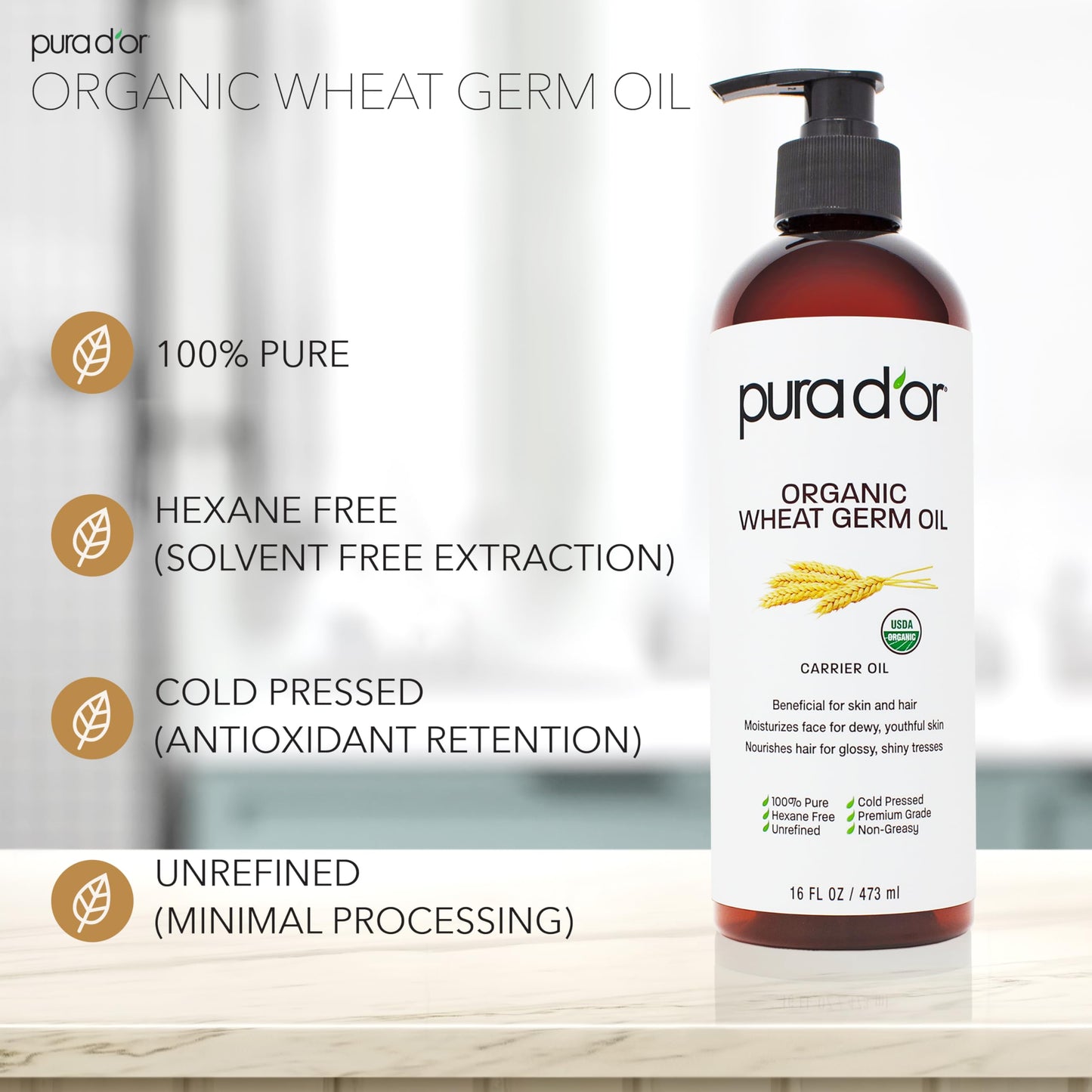 PURA D'OR ORGANIC Wheat Germ Oil (16 Oz x3 = 48 Oz) 100% Pure & Natural USDA Certified Cold Pressed Carrier Oil - Vitamin E Rich, Moisturizing & Nourishing Anti-Aging Properties - Healthy Hair Growth