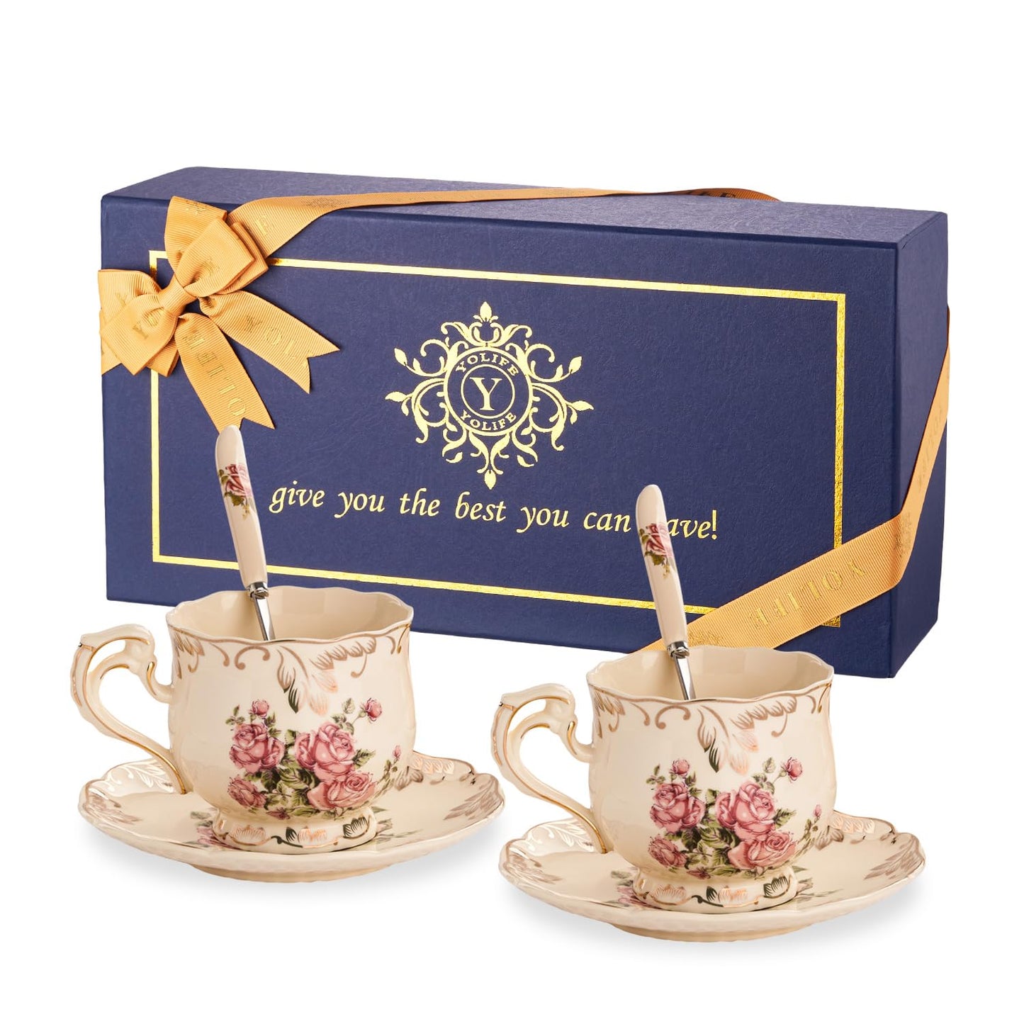 YOLIFE Tea Cups and Saucers Set of 2, Vintage Porcelain Tea Cups Set Floral with Gold Leaves Trim Design - 8 oz (Pink Rose with Gift Box(no stand))