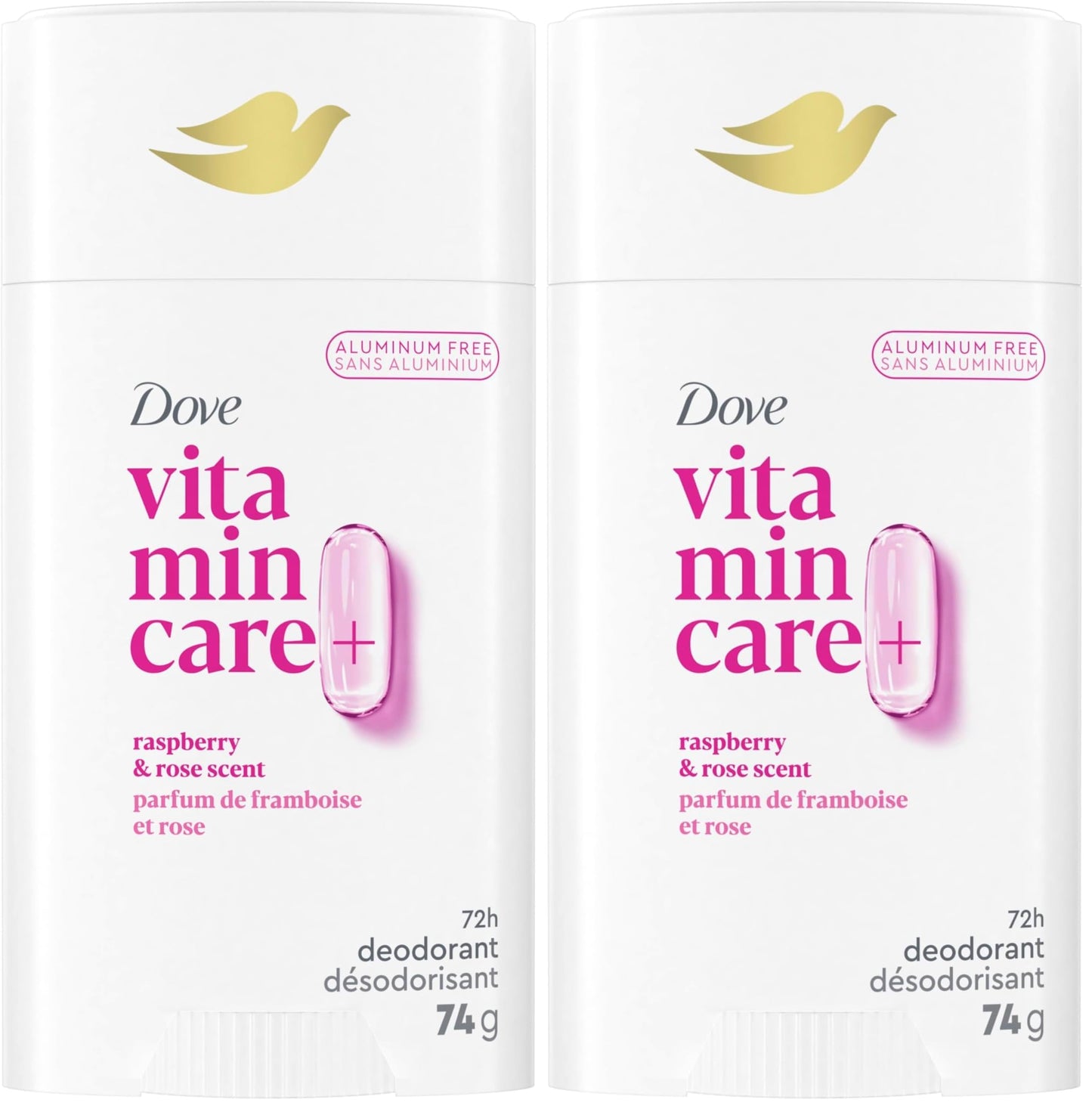 Dove VitaminCare+ Aluminum Free Deodorant Stick for 72H Odor Protection Raspberry & Rose Breathable Deodorant for Women 2.6 oz,(Pack of 2)