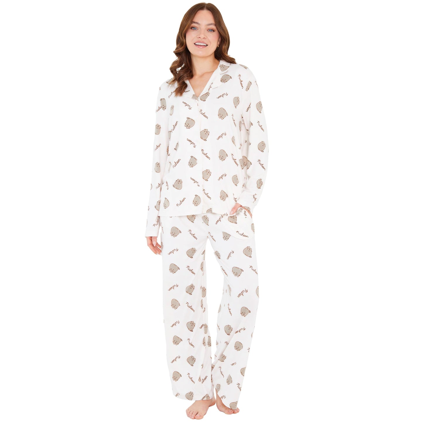 Get Trend Pusheen 2 Pc Pajamas Set for Women, Teens with Top, PJ Pants with Pockets, Cozy Sleepwear, Soft Loungewear, for Women (M, Beige Pusheen)