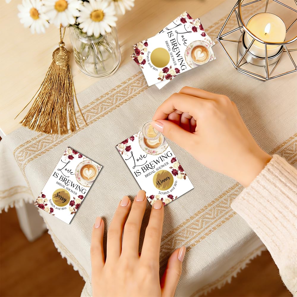 TOUNER 50Pcs Love Is Brewing Bridal Shower Scratch Off Game, Coffee Bridal Shower Game Scratch Card, Funny Wedding Raffle Ticket Lottery Games for Floral Coffee Lover, Engagement Party Reveal Supplies
