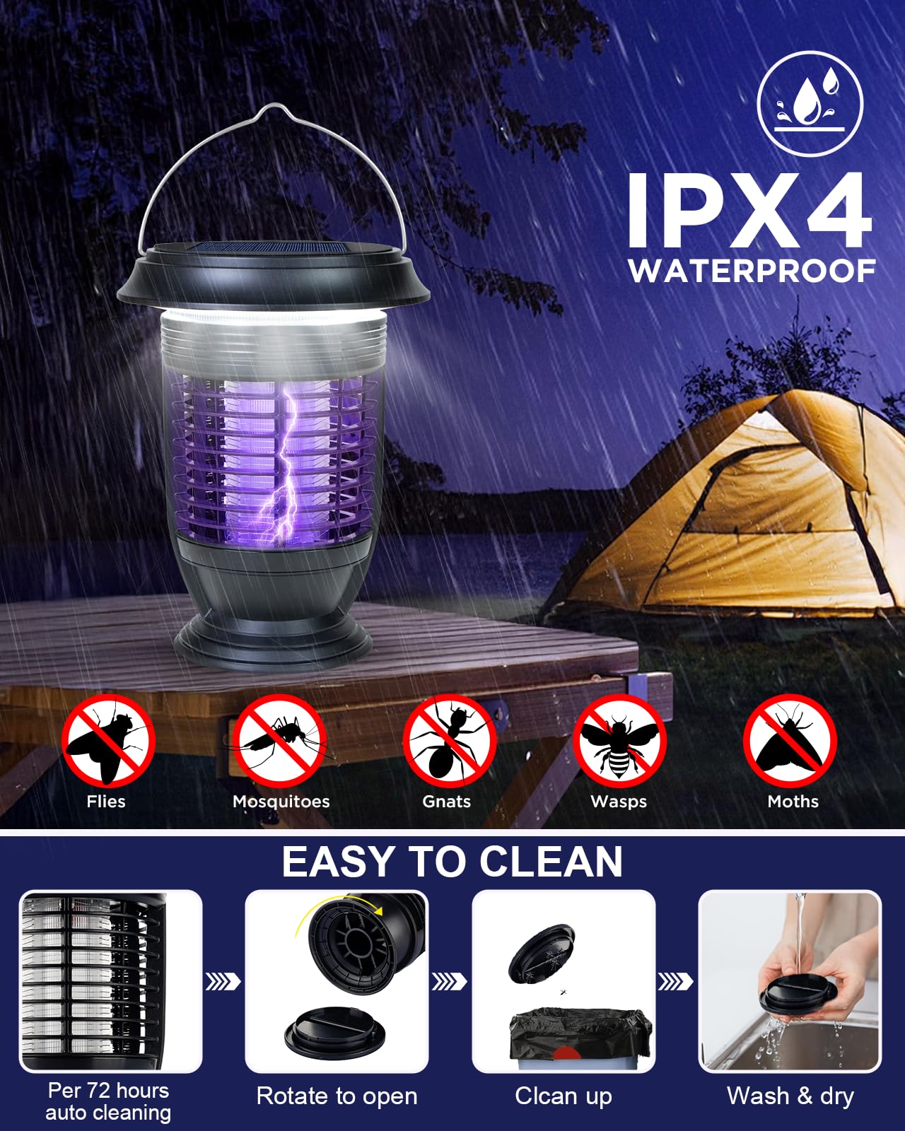 Xuoity Solar Bug Zapper Outdoor Indoor Waterproof, 2 in 1 Mosquito Killer with LED Light, Rechargeable Cordless Fly Zapper with Panel Sensor, Electric Camping Light for Patio, Backyard, Garden