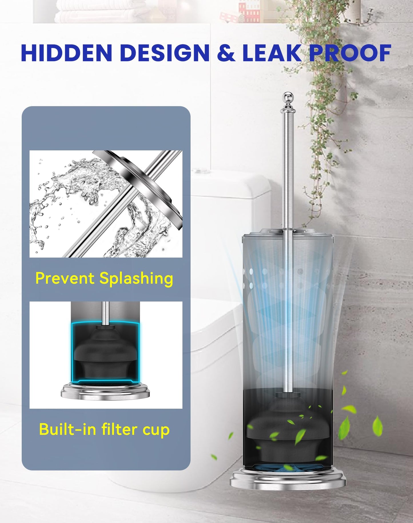 Dowry Anti-Hand Off Toilet Plunger with Holder for Bathroom,Powerful Efficient Force Suction Cup,Heavy Duty, Deep Cleaning, Nickel