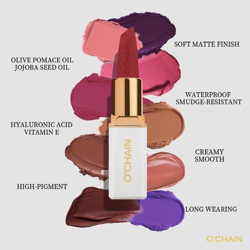 O'CHAIN Dark Red Matte Lipstick, Long Lasting Full Coverage Non-Transfer Lipstick for Women Infused with Jojoba Oil and Vitamin E, Cruelty-Free & Vegan (12 REY) 0.12 Oz