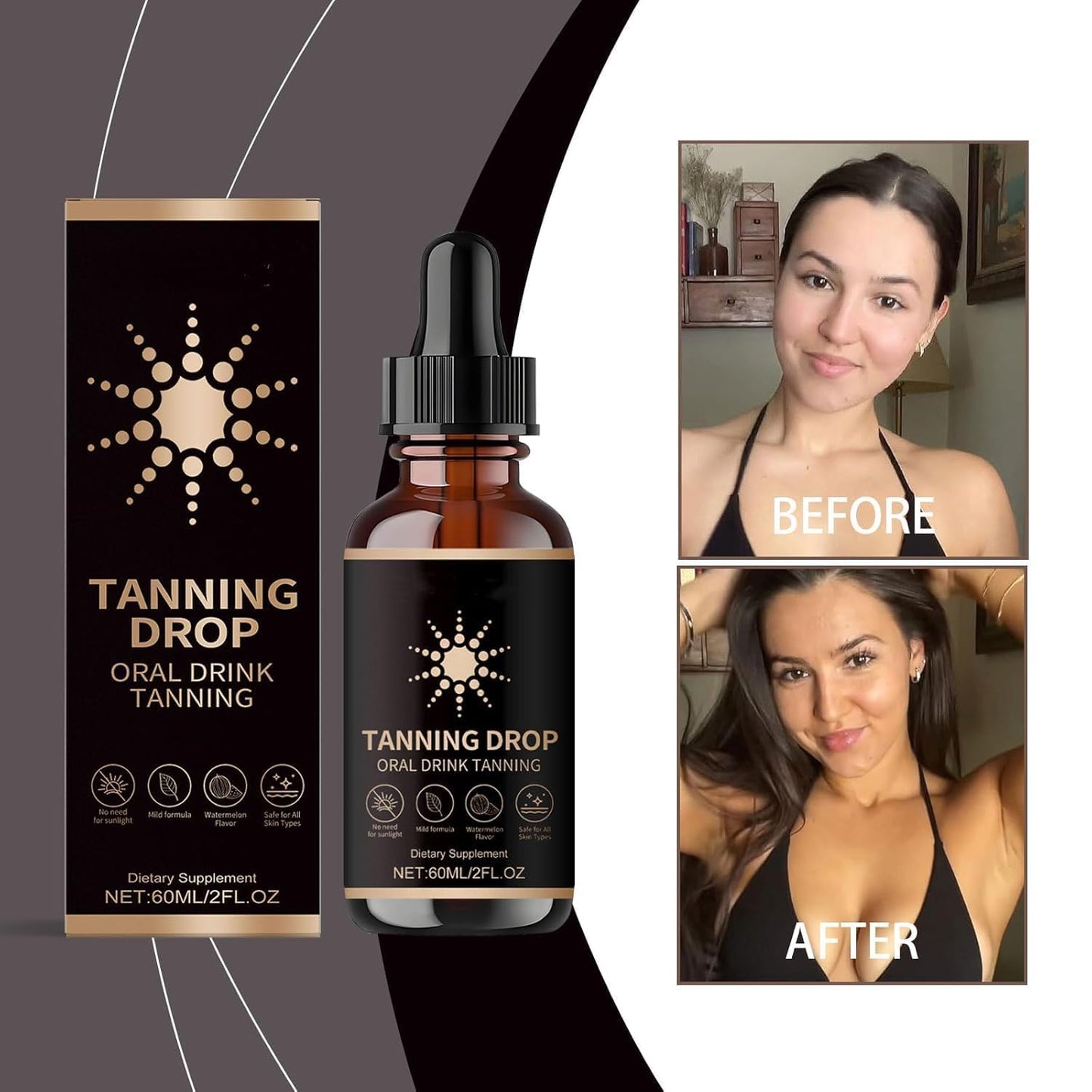 Tanning Drops, Sunless Tanning Drops To Drink, Sunless Self Tanner, Bronzing Tanner for Face and Body, Drinkable Tanning Drops Enhancing Natural Skin Tone for All Skin Types, 2Fl Oz