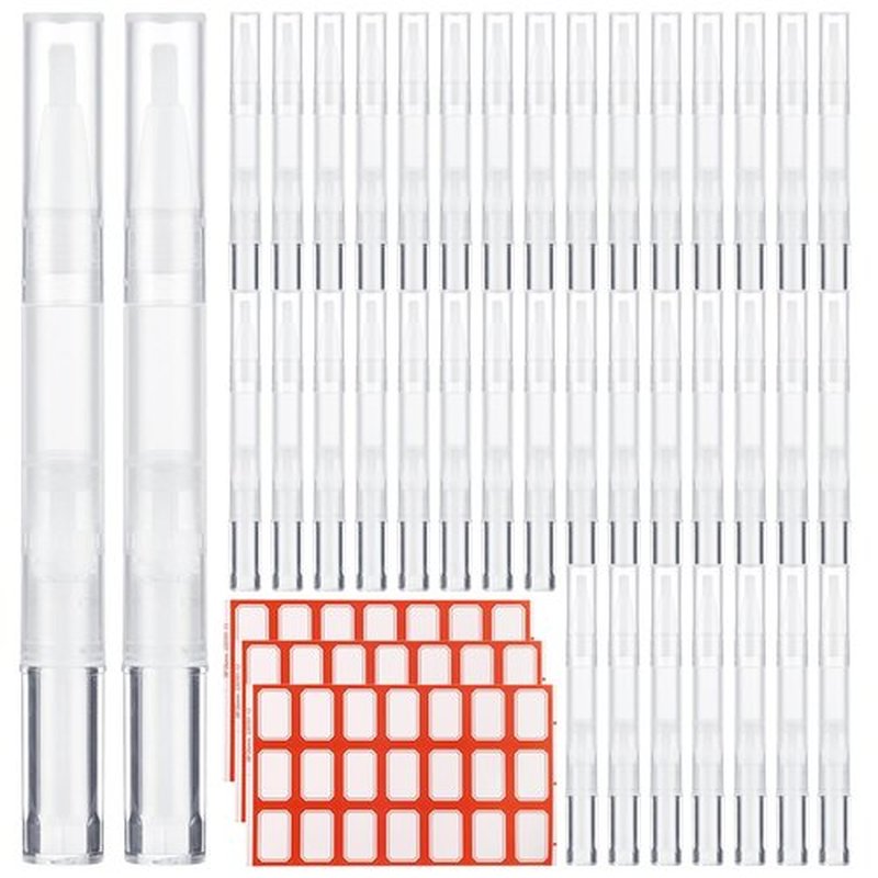 Homaisson 50 Pack 3ml Transparent Twist Pen with Stickers, Empty Cuticle Oil Pen Refillable Nail Oil Pens with Brush Tip, Empty Cosmetic Lip Gloss Tubes, Clear Eyelash Growth Liquid Containers