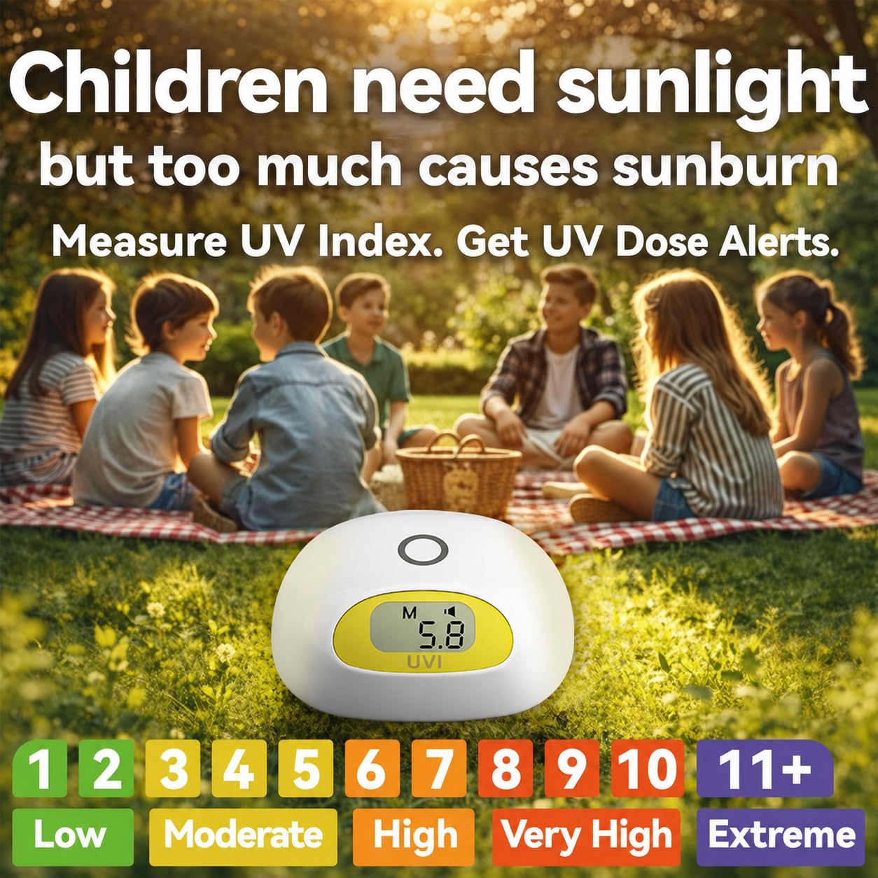 Sunlight UV Index Meter with UV Dose Reminder. Beep Alert When Selected UV Dose Limit is Reached. No Use Times Limitation