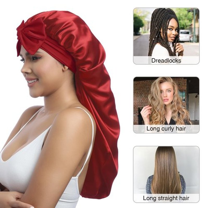 AWAYTR Long Satin Bonnet for Women - Double Layer Elastic Silk Bonnet for Braids Hair Sleeping Cap with Tie Band (Wine Red)