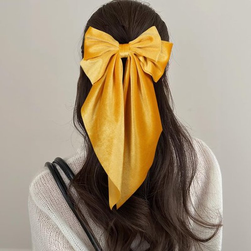 2pc Large Hair Bows for Women Girls Yellow Velvet Ribbon Hair Bow Clips with Long Tail French Barrette Hair Clamps Fall Winter Early Spring Hair Styling Accessories