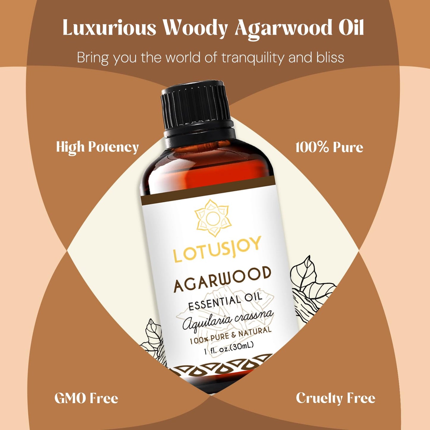 LOTUSJOY Agarwood Essential Oil, Pure Natural Organic Oud Essential Oil for Diffuser Meditation and DIY Cosmetic Making- 1 Oz