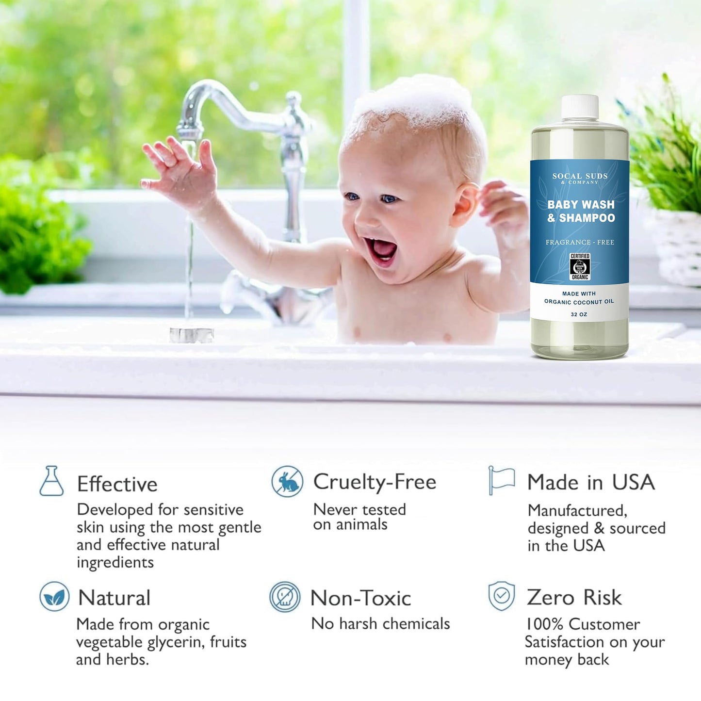 SoCal Suds & Company 2-in-1 Organic Foaming Baby Shampoo & Body Wash - Castile Soap - Gentle Body Soap and Shampoo for Sensitive Skin - Newborn & Kids Bath - Refill - Fragrance Free, 32oz (Pack of 1)