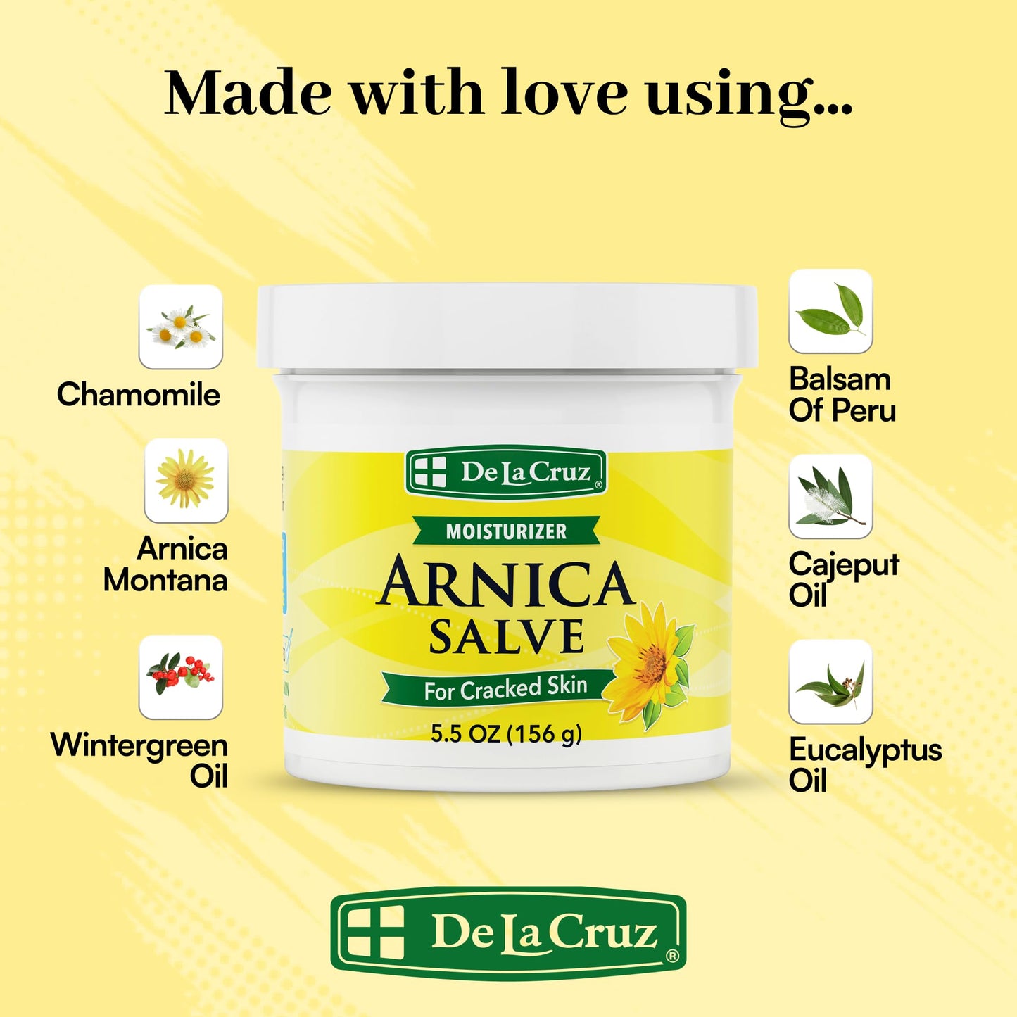 De La Cruz Arnica Salve Foot Care Cream for Dry Cracked Heels & Feet, Skin Care, Hand Salve, 24 Hour Moisture Balm, JUMBO 5.5 OZ