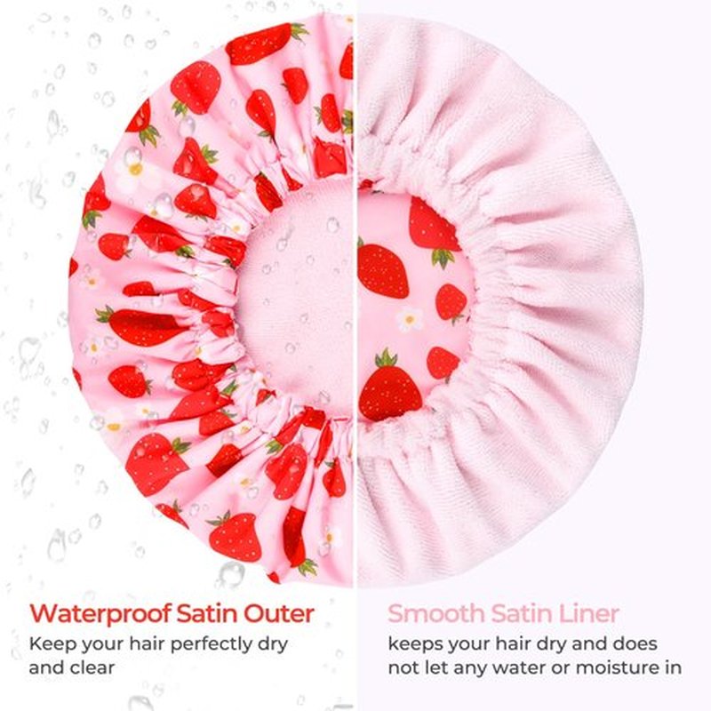 Shower Cap for Women Terry Lined Bath Cap Large Reusable Waterproof Elastic Band Pink Strawberry Shower Caps for Long Thick Hair Soft Bath Shower Hair Caps