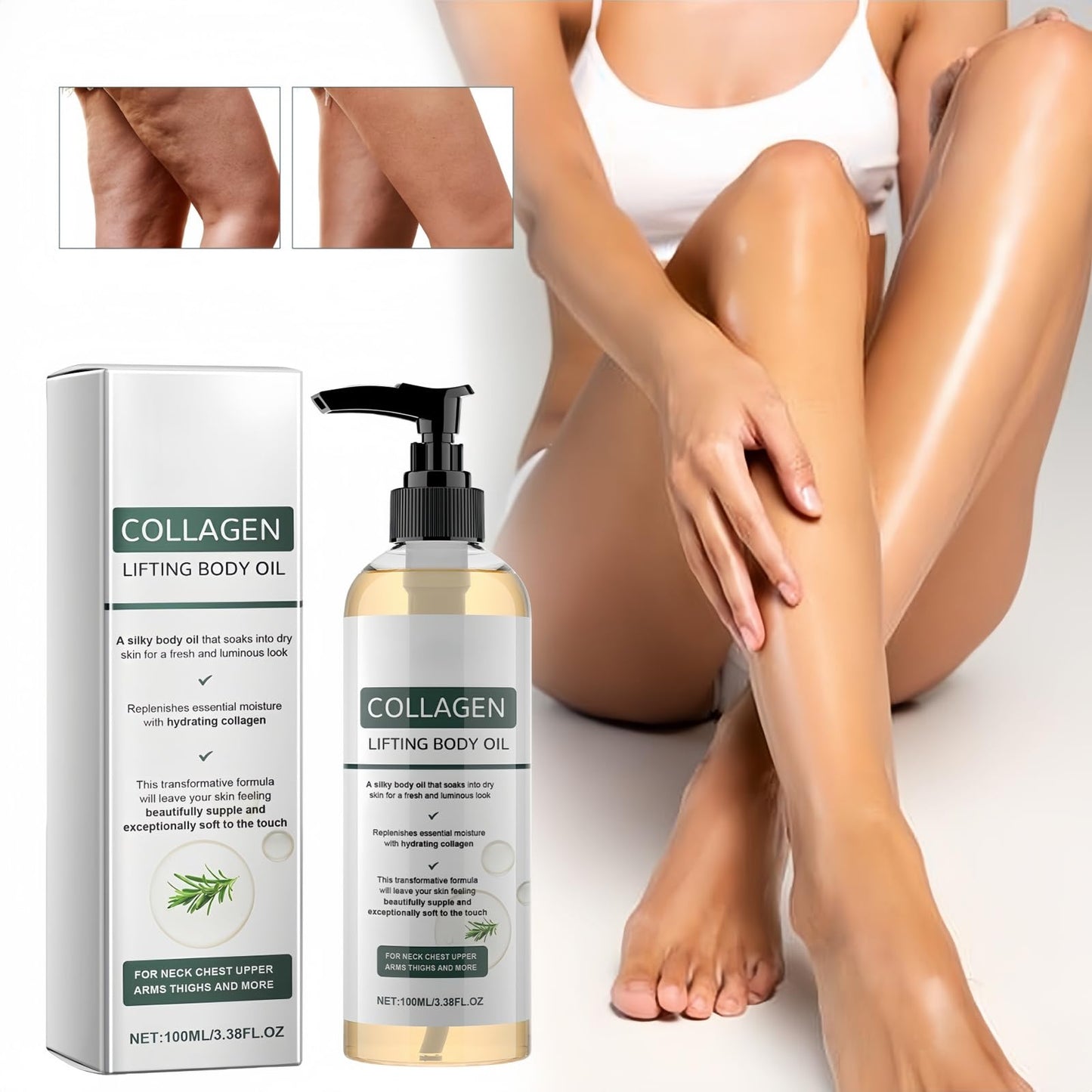2 PCS Hydrating Collagen Oil For Body & After Shower, Collagen Lifting Body Oil for Neck, Chest, Arms, Thighs, Helps Soften Appearance of Crepey Skin