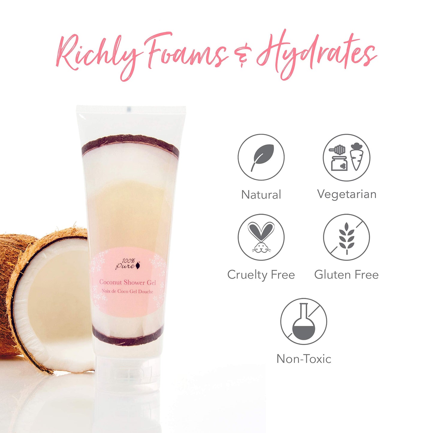 100% PURE Coconut Shower Gel Natural Foaming & Hydrating Body Wash - Deeply Moisturizing Gentle Soap Cleanser for All Skin Types, Even Sensitive - Gluten-Free - 8 Fl Oz