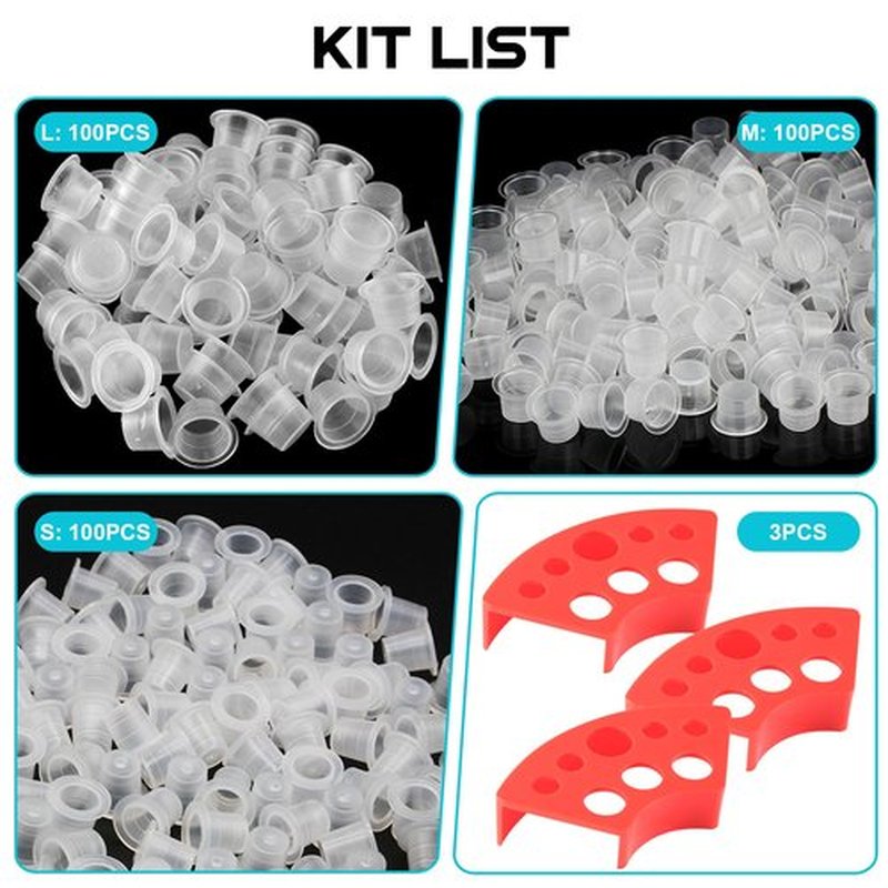 WZPB Tattoo Ink Caps with Cup Holder - 300 Mixed Size Tattoo Ink Cups 100 Small 100 Medium 100 Large with 3 Red Tattoo Ink Cap Holders Permanent Makeup Container for Tattoo Ink Tattoo Supplies…